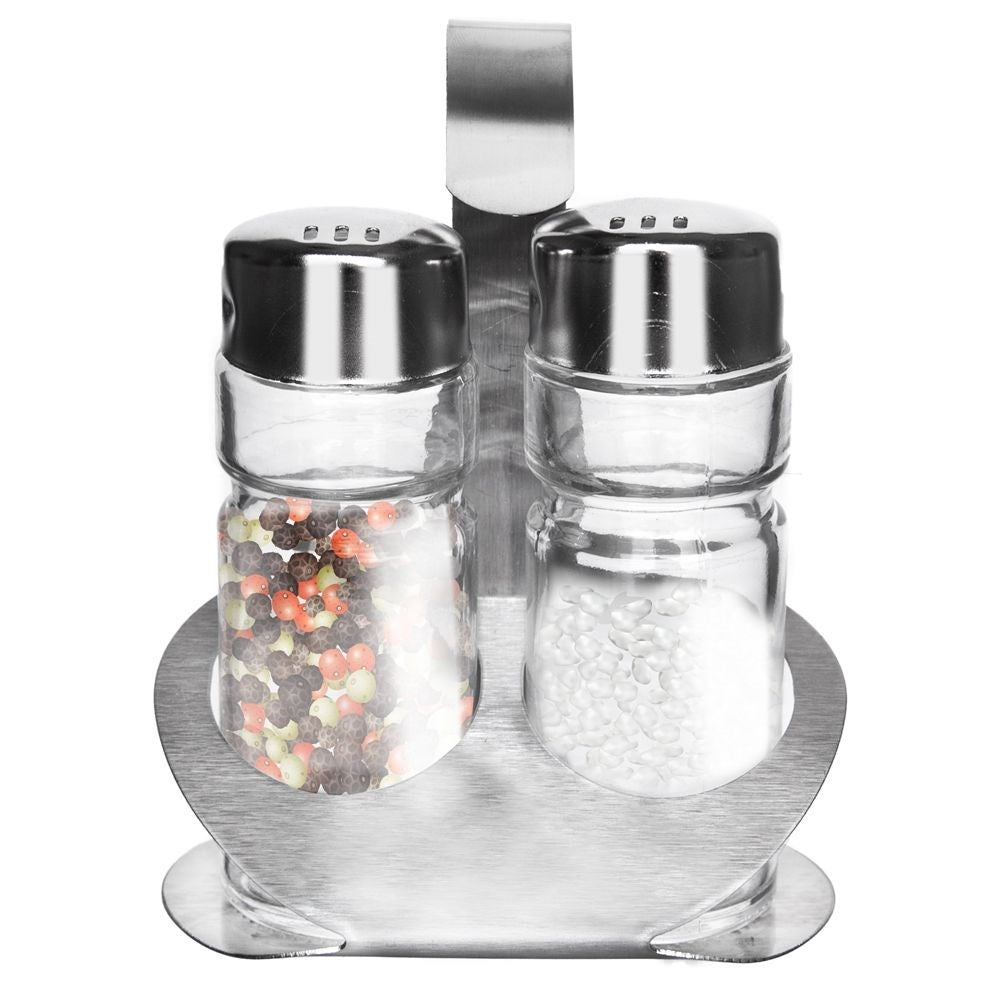 Glass salt and pepper shakers with steel stand and handle