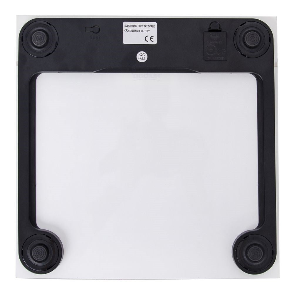 Glass scale with body fat, water, bone and muscle mass, BMI