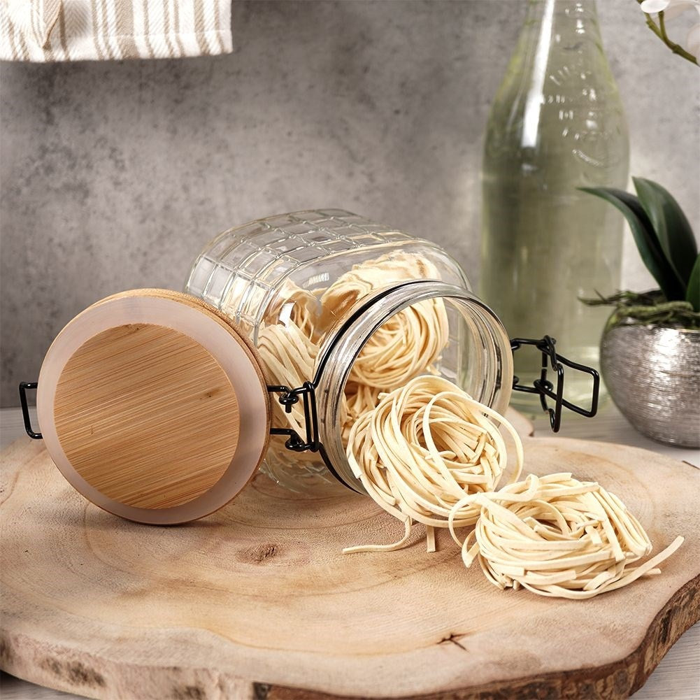 Glass storage jar with bamboo lid and airtight seal