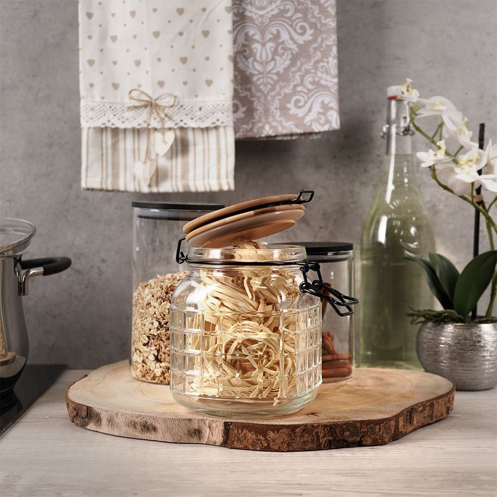 Glass storage jar with bamboo lid and airtight seal