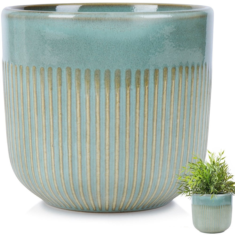 Glazed green porcelain pot with ribbed surface and subtle shine