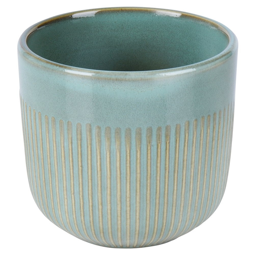Glazed green porcelain pot with ribbed surface and subtle shine