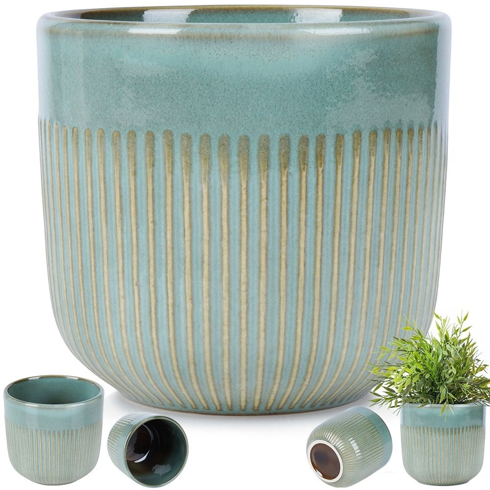 Glazed green porcelain pot with ribbed surface and subtle shine