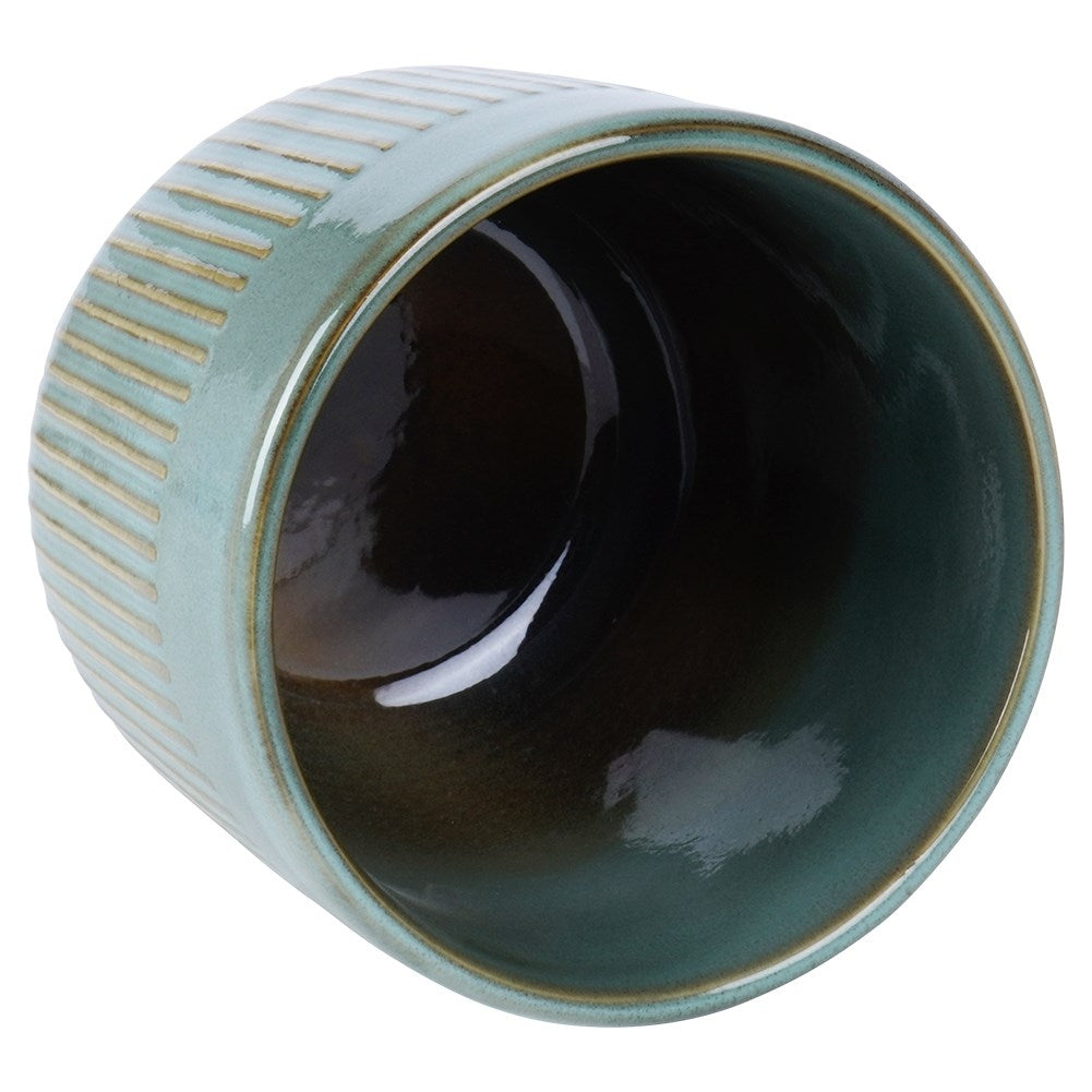 Glazed green porcelain pot with ribbed surface and subtle shine
