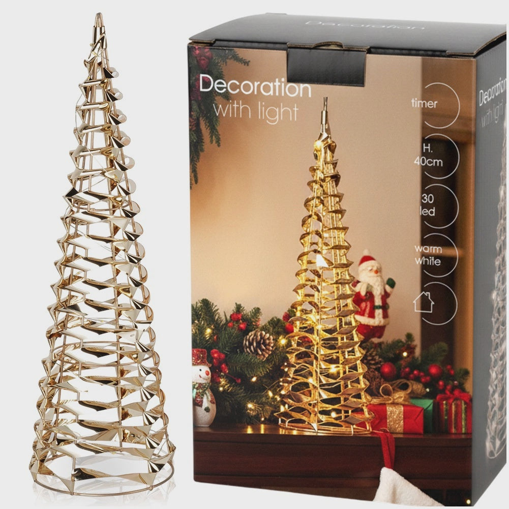 Gold LED Christmas Cone Tree, 40 cm, Timer Function