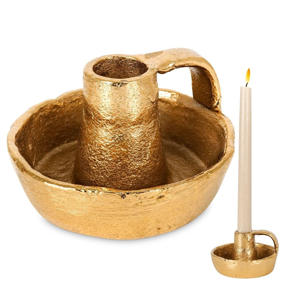 Gold colored aluminum candle holder with handle