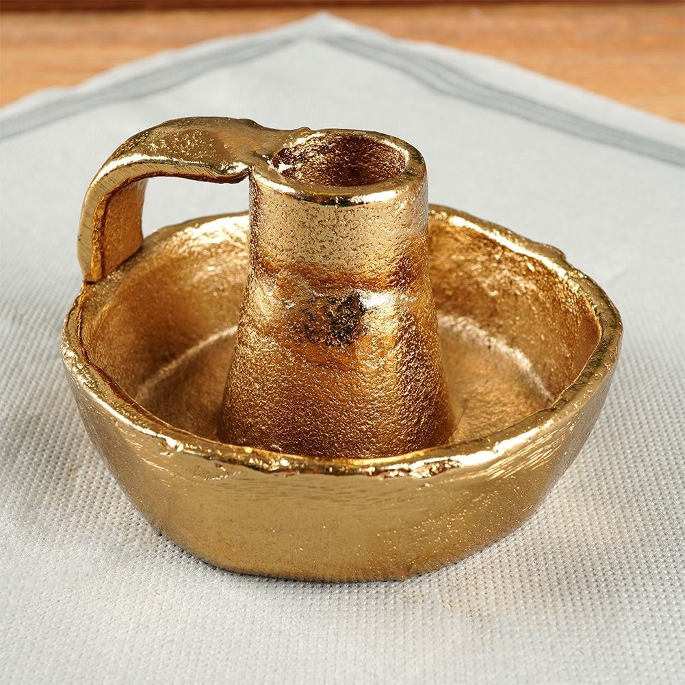 Gold colored aluminum candle holder with handle