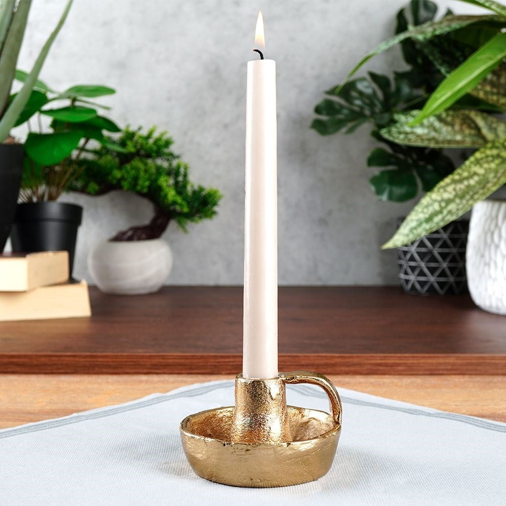 Gold colored aluminum candle holder with handle
