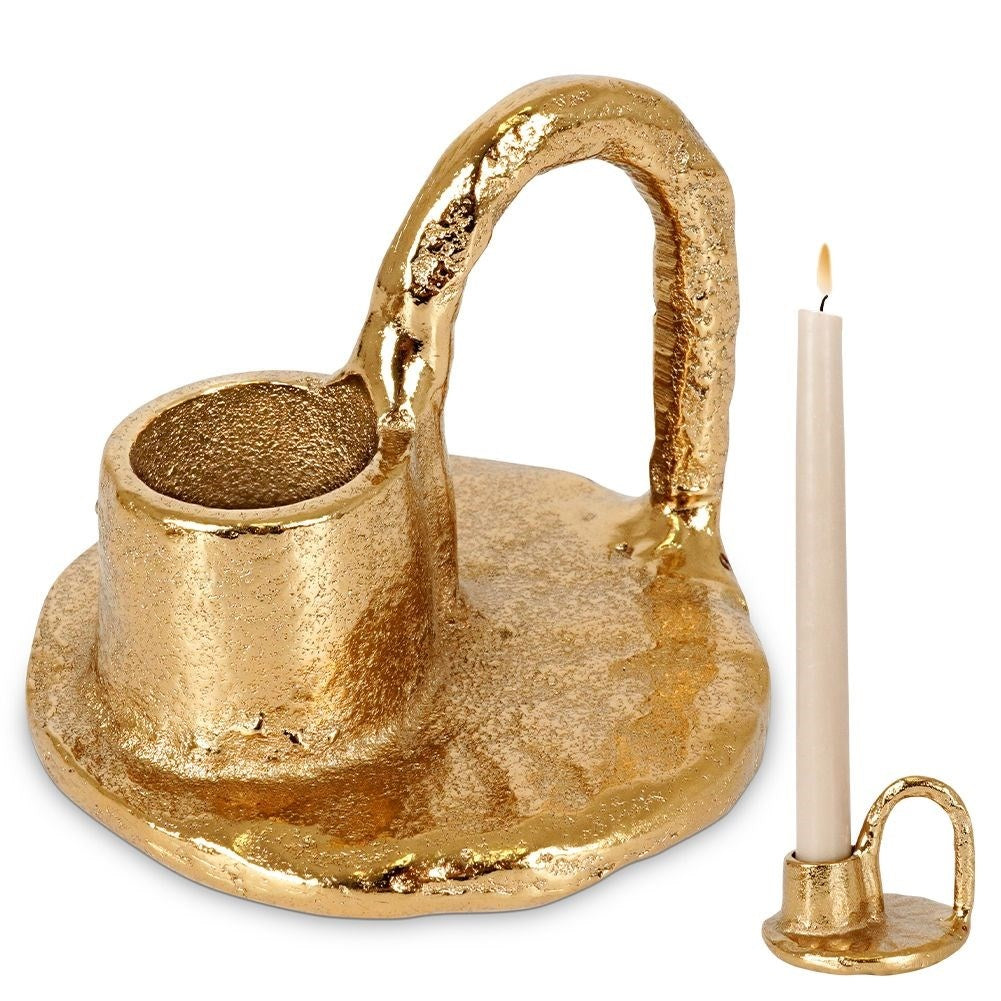 Gold colored aluminum candle holder with handle