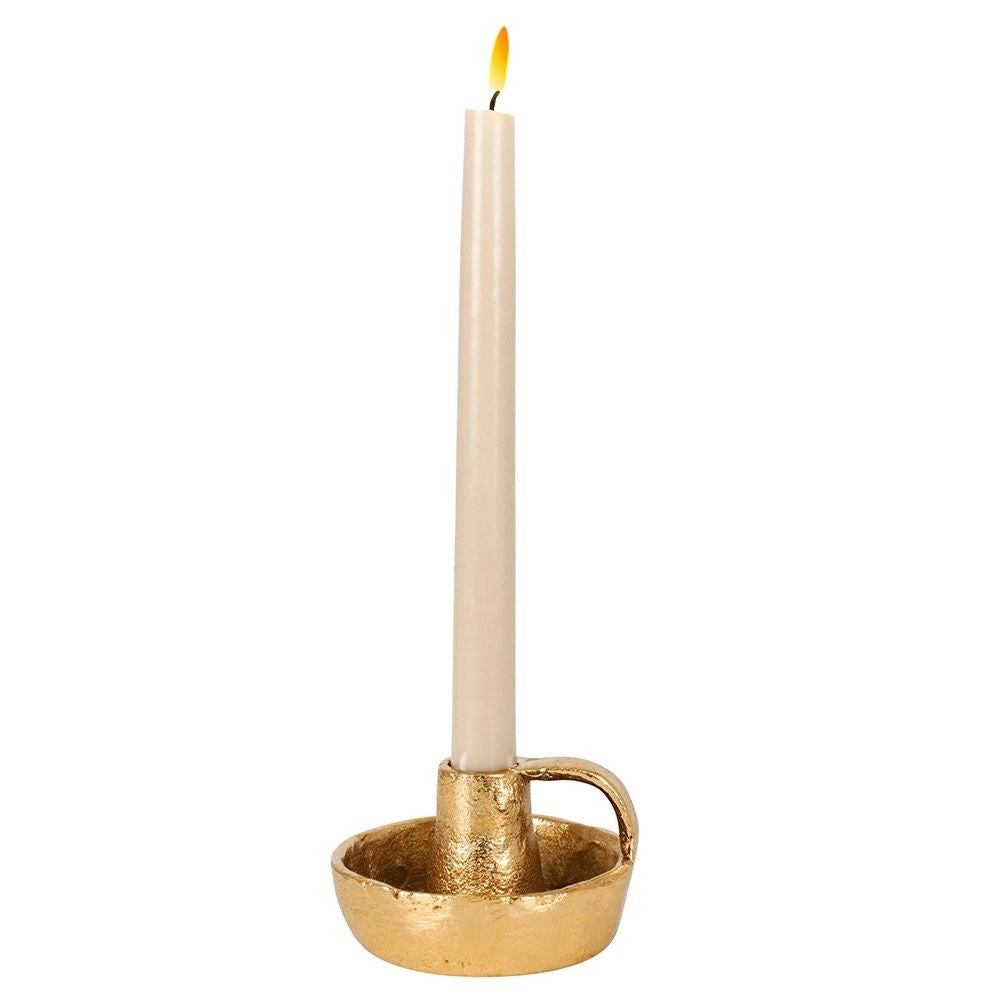 Gold colored aluminum candle holder with handle