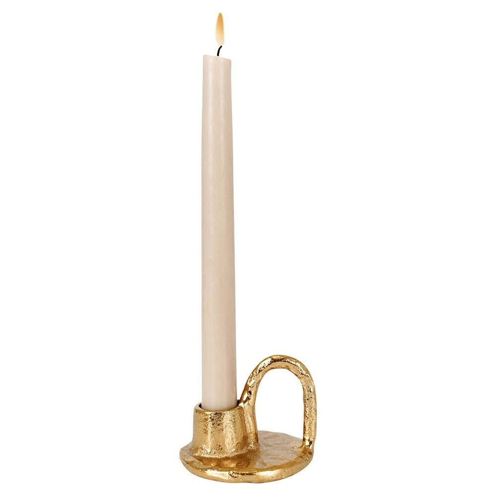Gold colored aluminum candle holder with handle