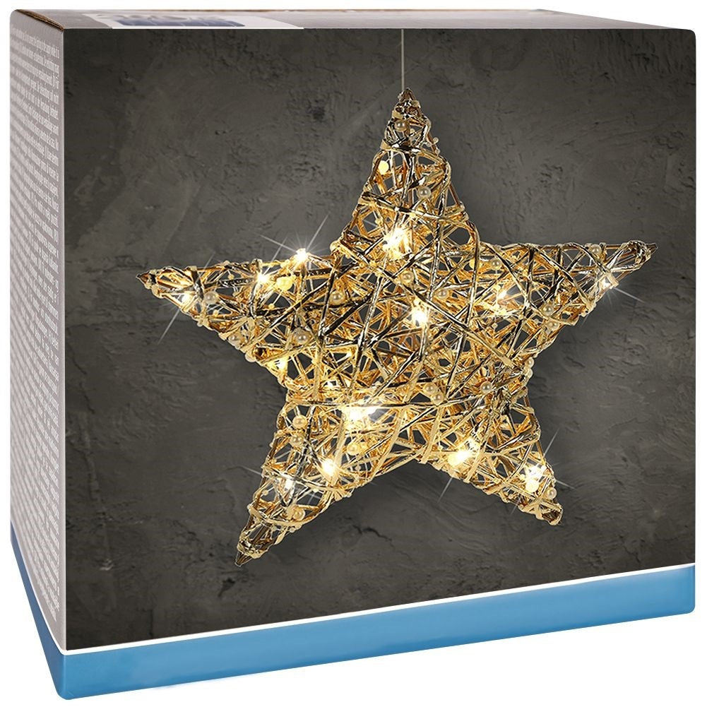 Gold-colored hanging star, 30 cm, 20 LEDs, white beads