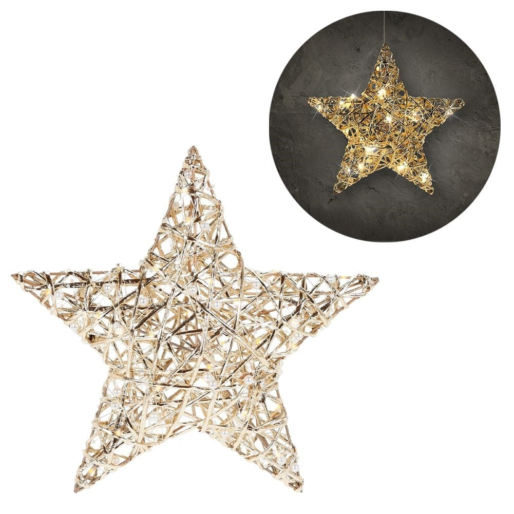 Gold-colored hanging star, 30 cm, 20 LEDs, white beads