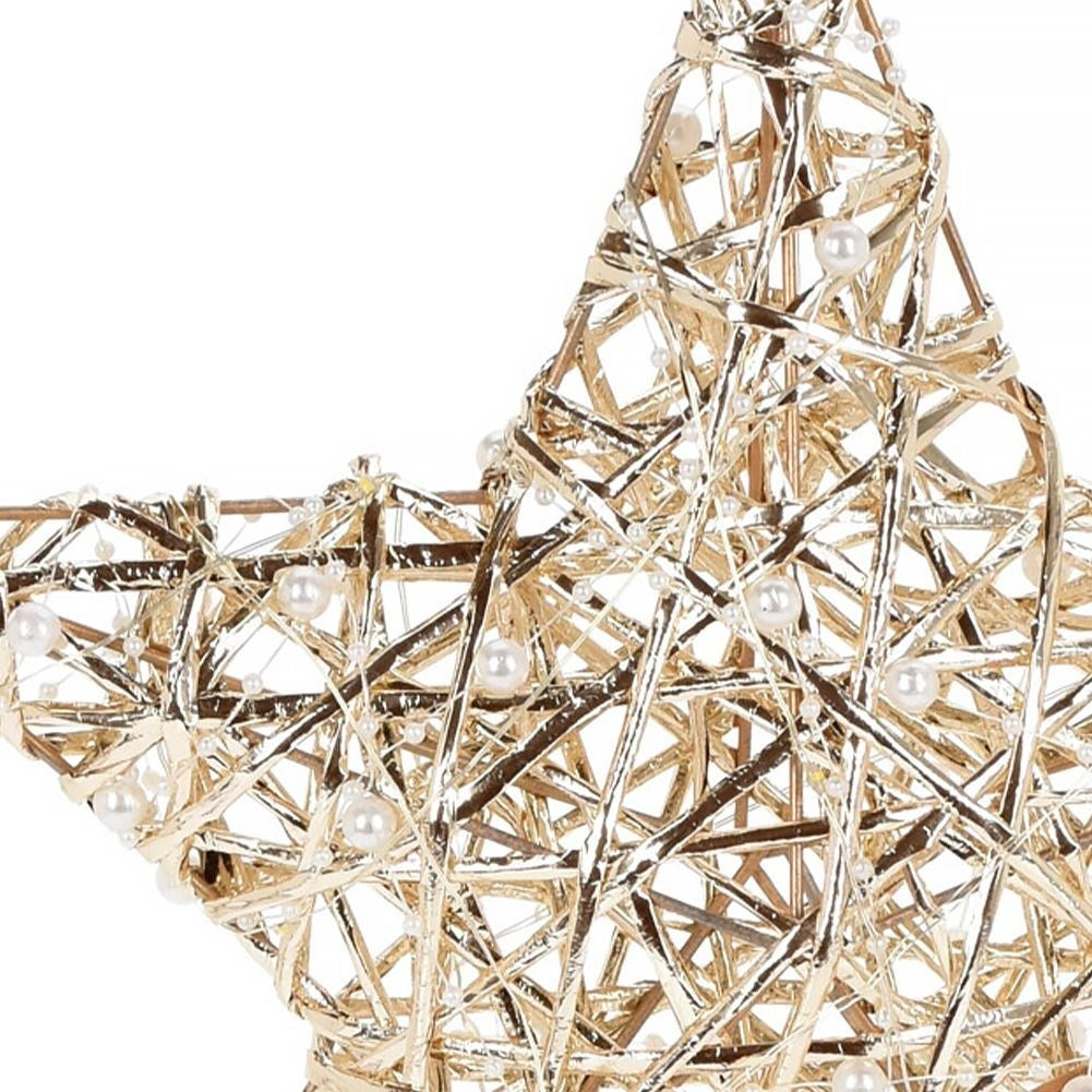 Gold-colored hanging star, 30 cm, 20 LEDs, white beads