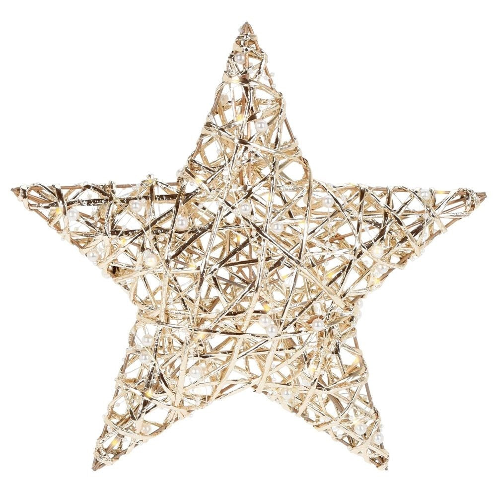 Gold-colored hanging star, 30 cm, 20 LEDs, white beads