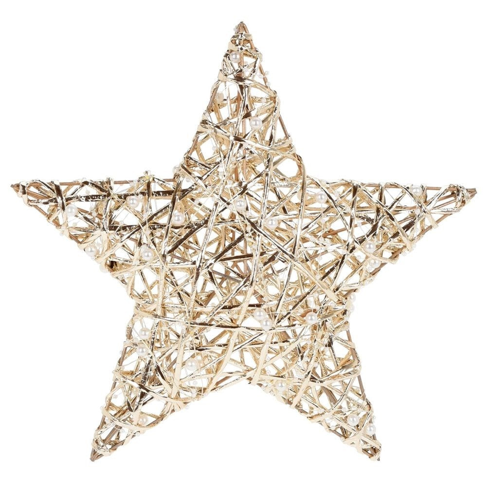 Gold-colored hanging star, 30 cm, 20 LEDs, white beads
