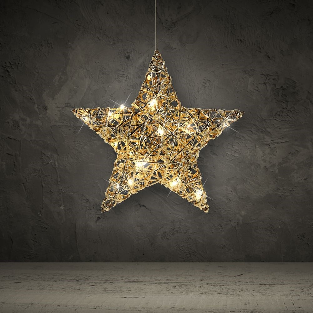 Gold-colored hanging star, 30 cm, 20 LEDs, white beads