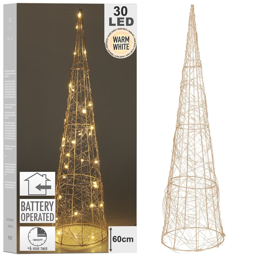Golden cone-shaped Christmas tree with 30 LEDs, 60 cm high