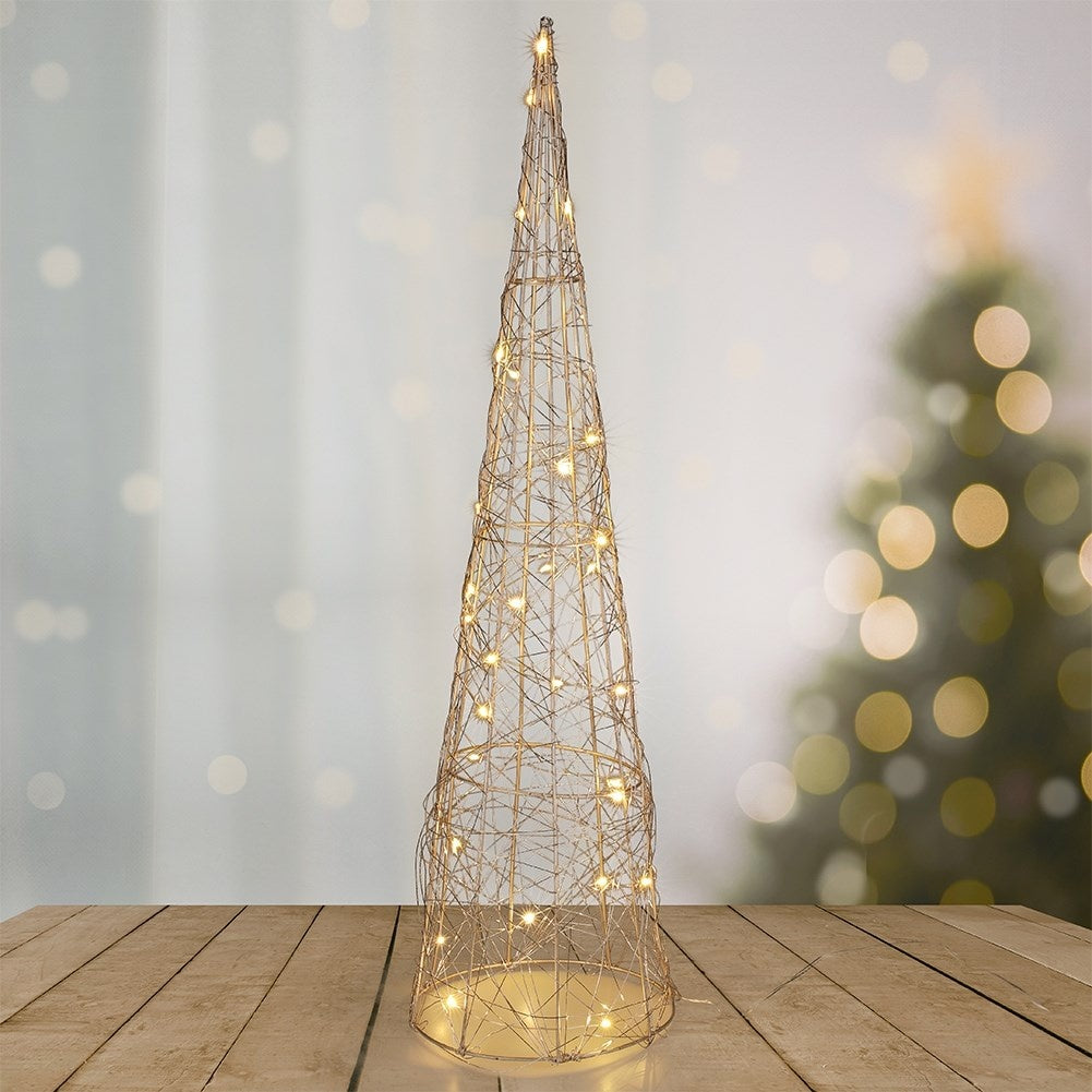 Golden cone-shaped Christmas tree with 30 LEDs, 60 cm high