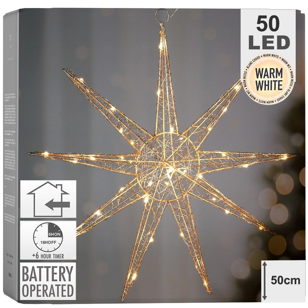 Golden hanging star 50 cm with 50 LED lights for Christmas