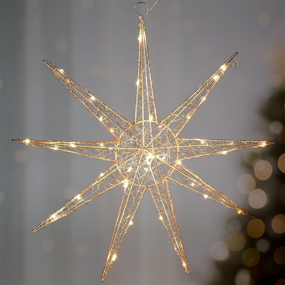 Golden hanging star 50 cm with 50 LED lights for Christmas