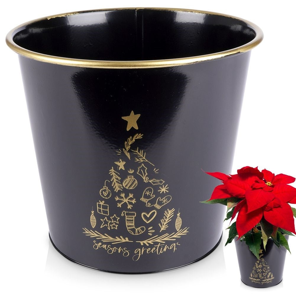 Golden metal Christmas pot with white decorative Christmas tree