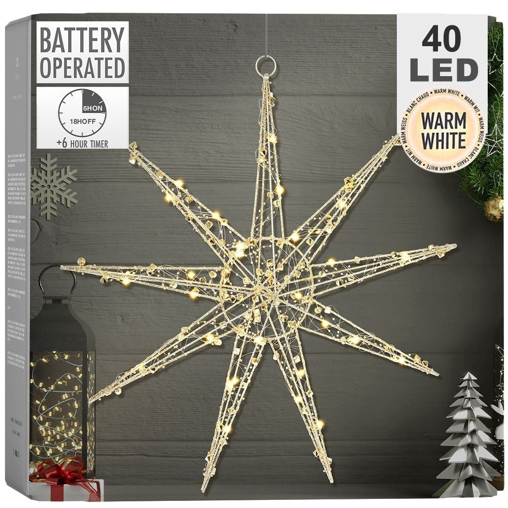Golden poinsettia with 40 LED lights, battery operated