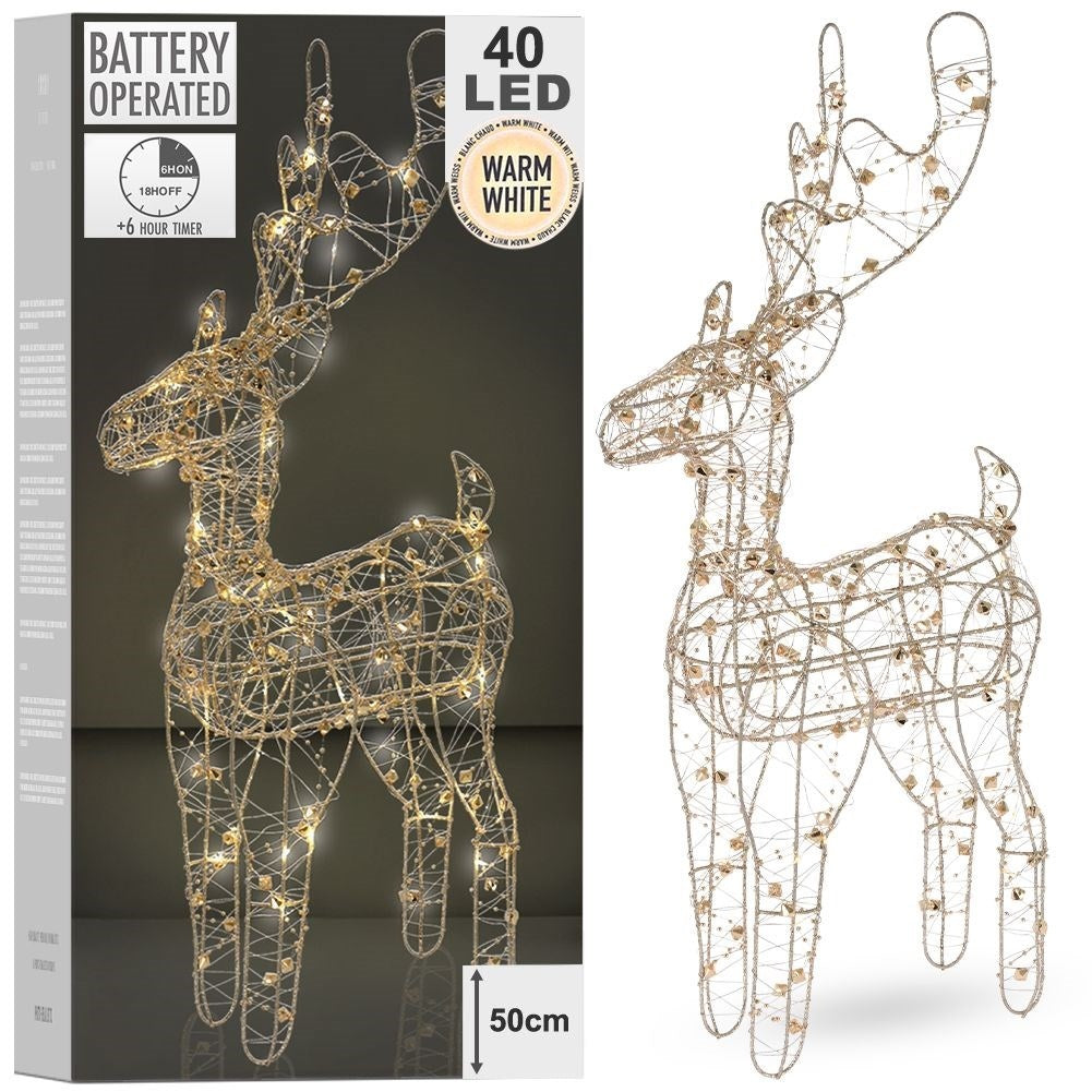 Golden reindeer with 40 LED lights, battery powered Christmas decoration