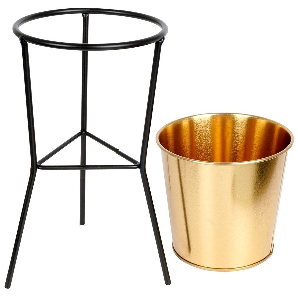 Gold flower pot with black metal stand for plants