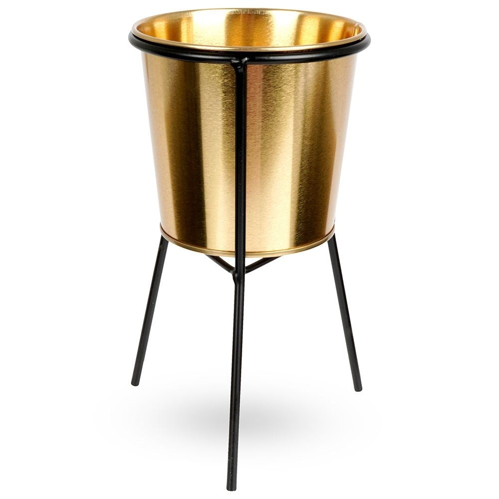 Gold flower pot with black metal stand for plants
