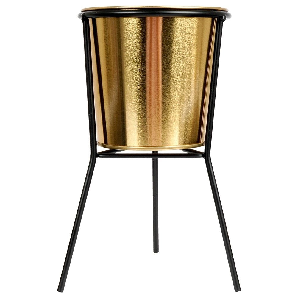 Gold flower pot with black metal stand for plants