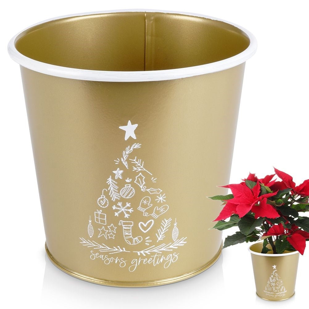 Gold metal pot with white Christmas tree decoration for plants