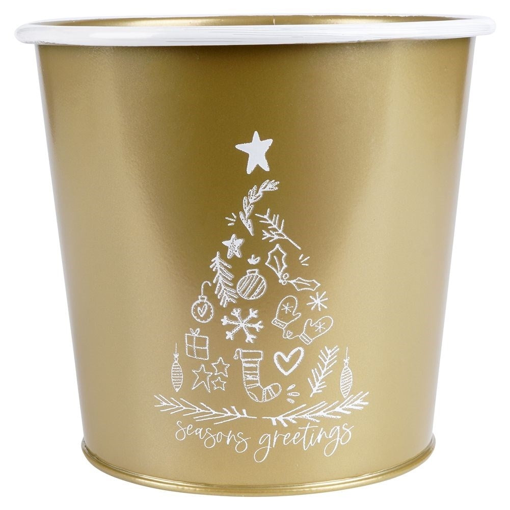 Gold metal pot with white Christmas tree decoration for plants