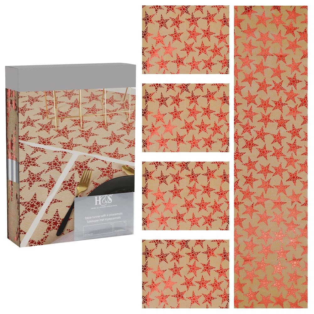 Gold placemats and runners with red stars - 4 pieces