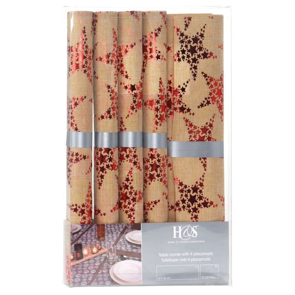 Gold placemats and runners with red stars - 4 pieces