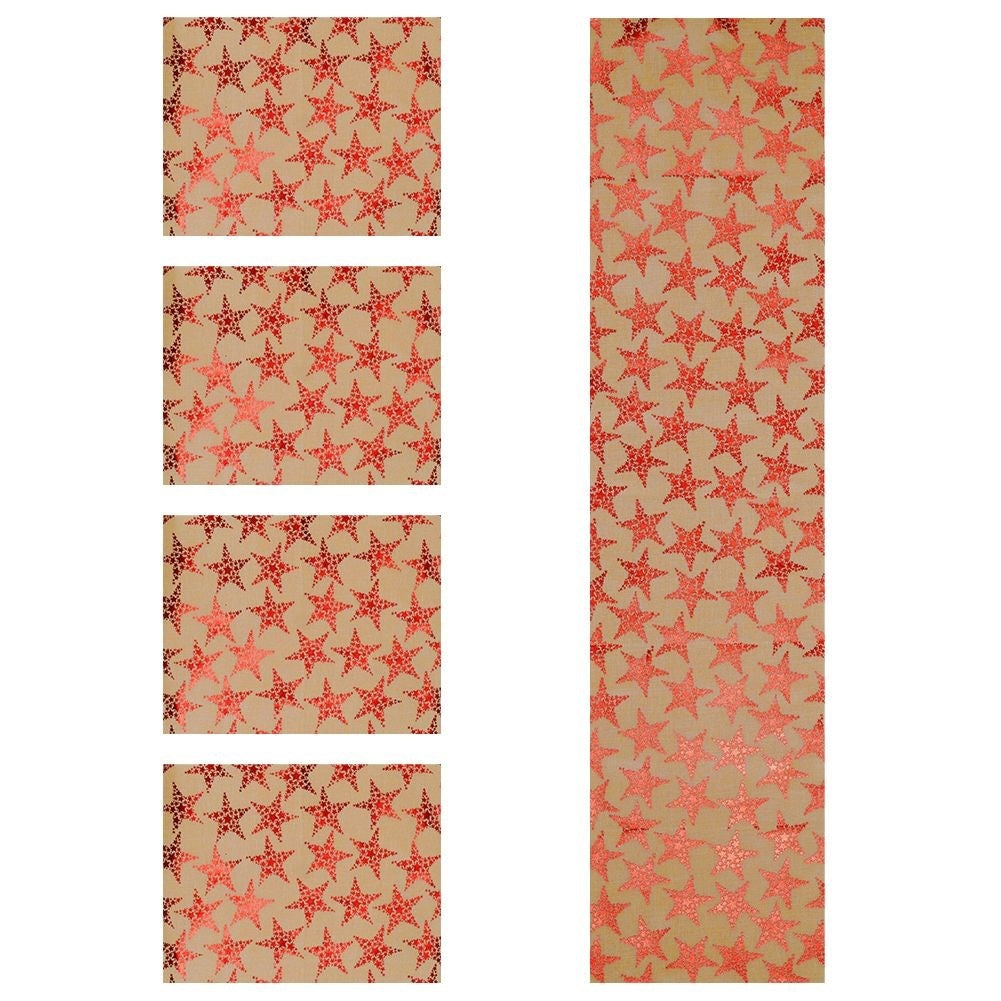 Gold placemats and runners with red stars - 4 pieces
