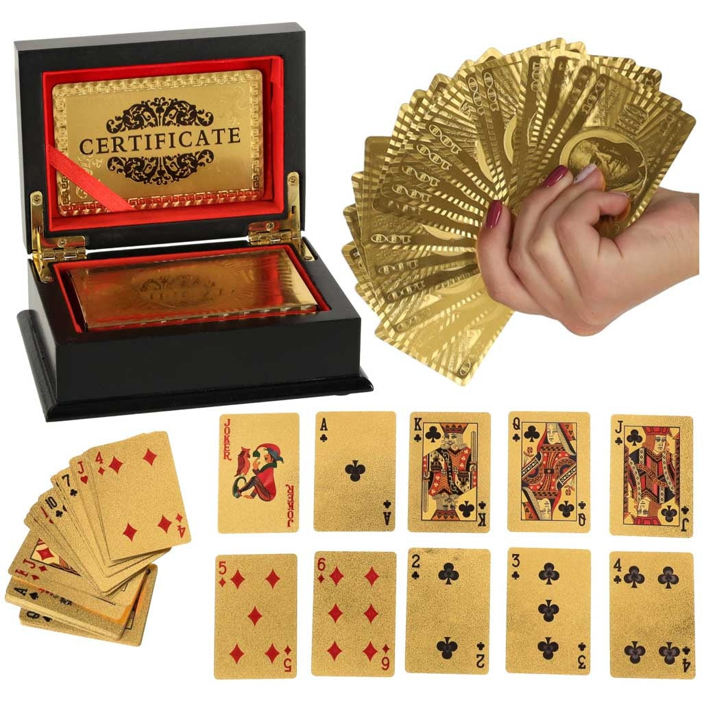 Gold plastic playing cards in a decorative casket