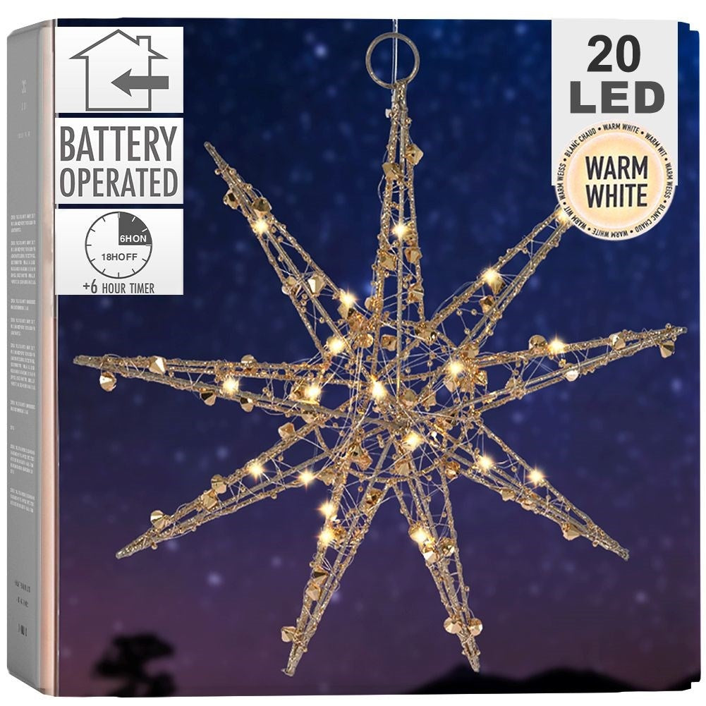 Gold star with 20 LEDs, battery-powered Christmas decoration