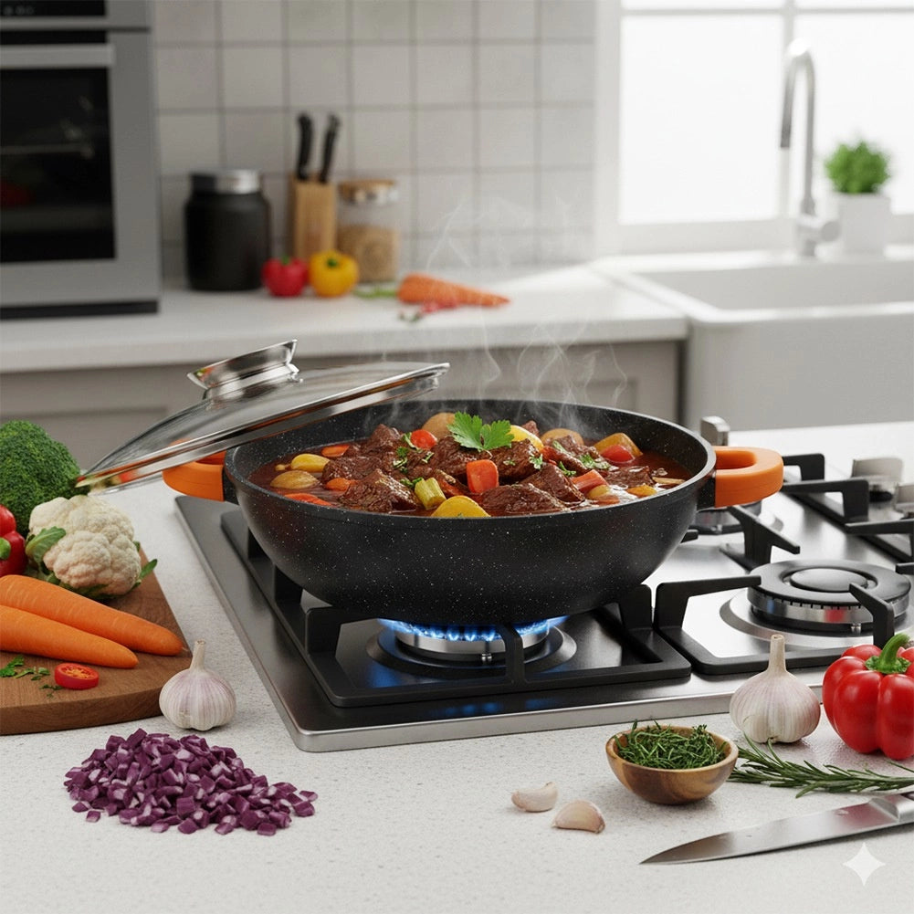 Granite Deep Frying Pan with Glass Lid, 28 cm, 3.3L