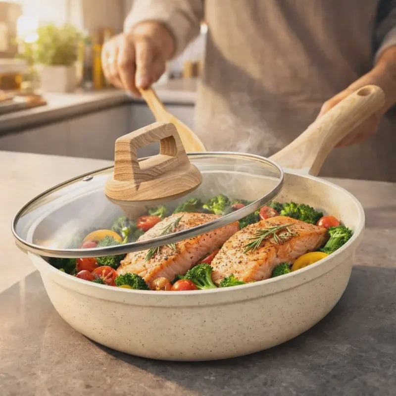 Granite Non-Stick Frying Pan, 24cm with Lid, Beige