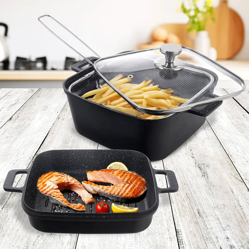 Granite pot with glass lid, grill pan, basket GRANDE 2+4 l, 4 pcs.