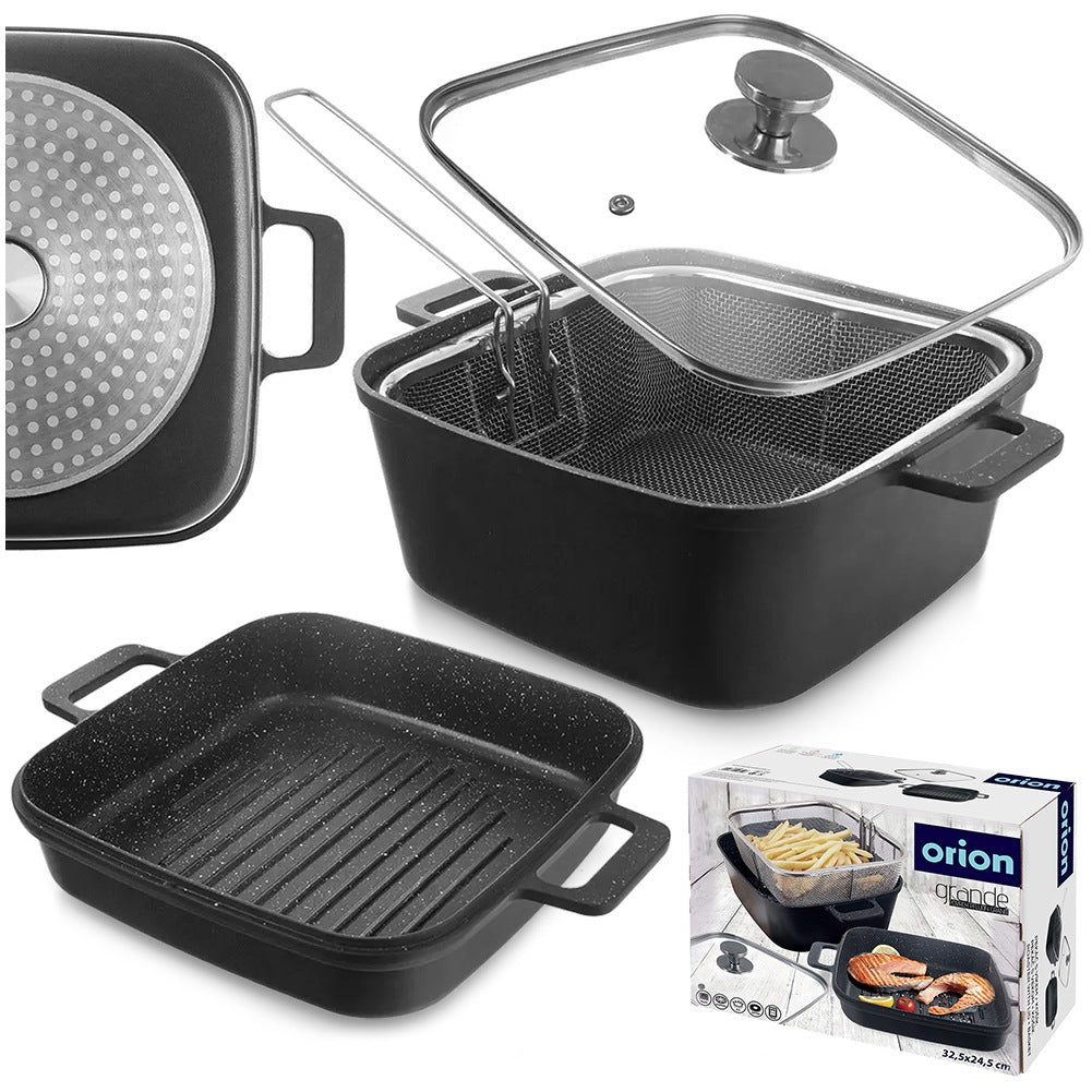Granite pot with glass lid, grill pan, basket GRANDE 2+4 l, 4 pcs.