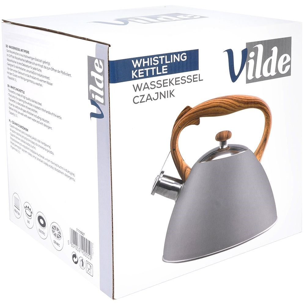 Gray Kettle with Automatic Whistle and Wood Imitation