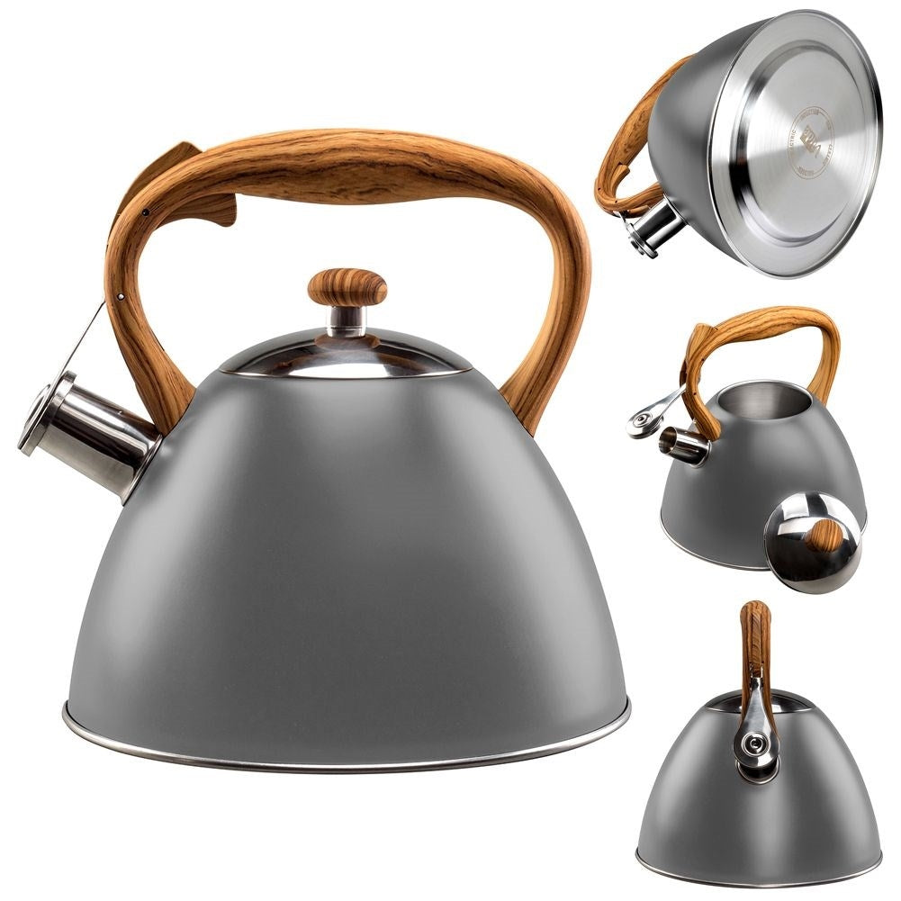 Gray Kettle with Automatic Whistle and Wood Imitation