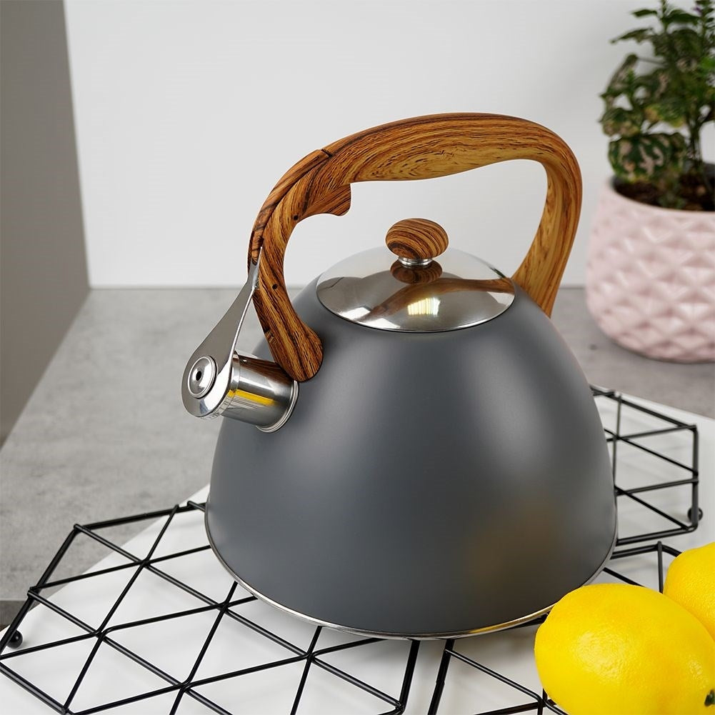 Gray Kettle with Automatic Whistle and Wood Imitation