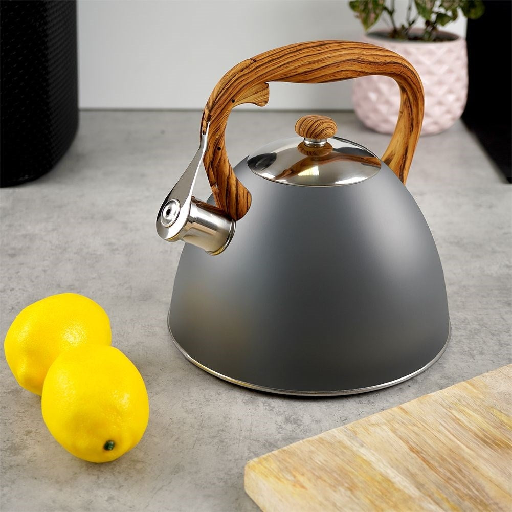 Gray Kettle with Automatic Whistle and Wood Imitation