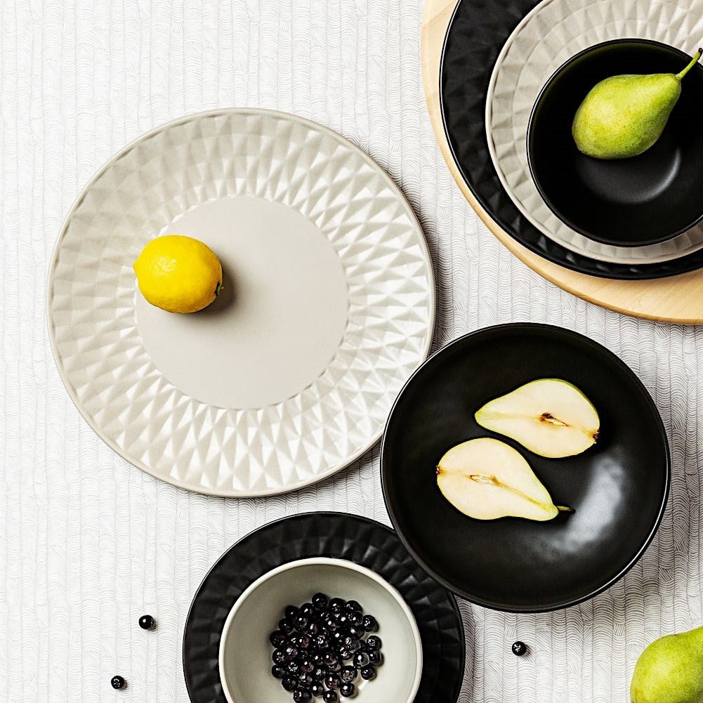 Gray ceramic dessert plate with impressive embossing