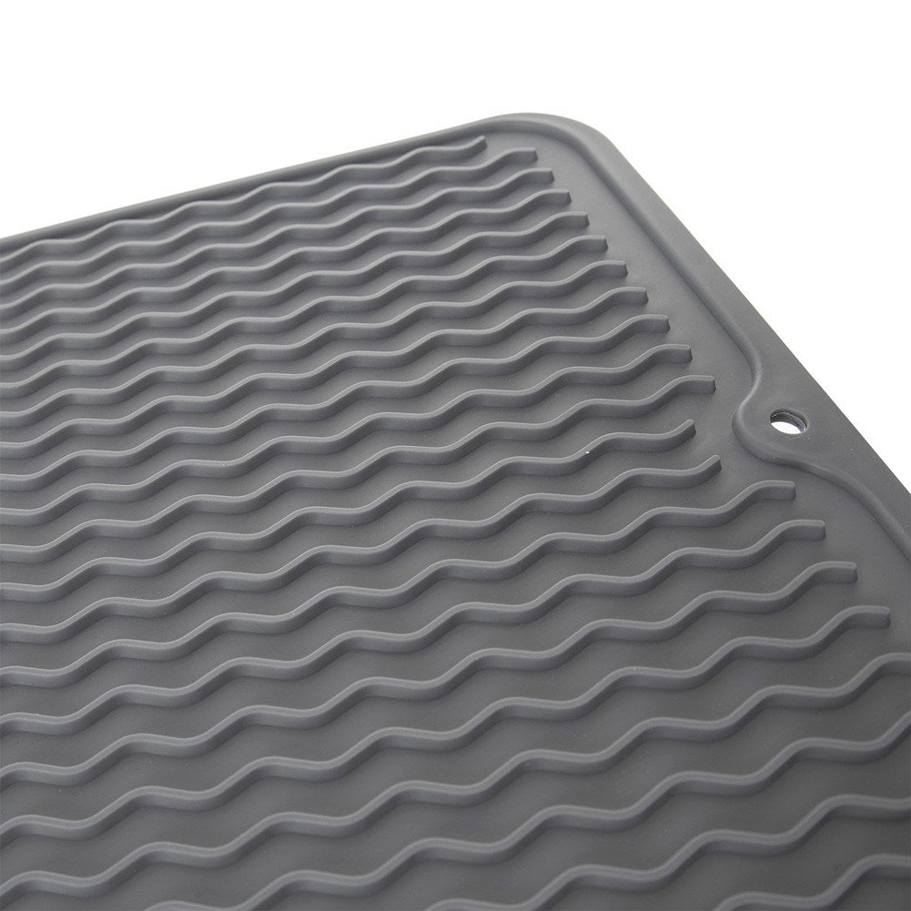 Gray dish mat with channels for quick drying and hygiene