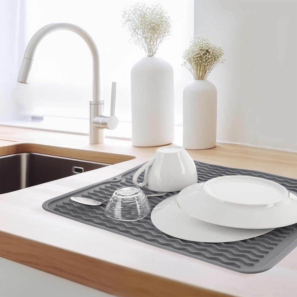 Gray dish mat with channels for quick drying and hygiene