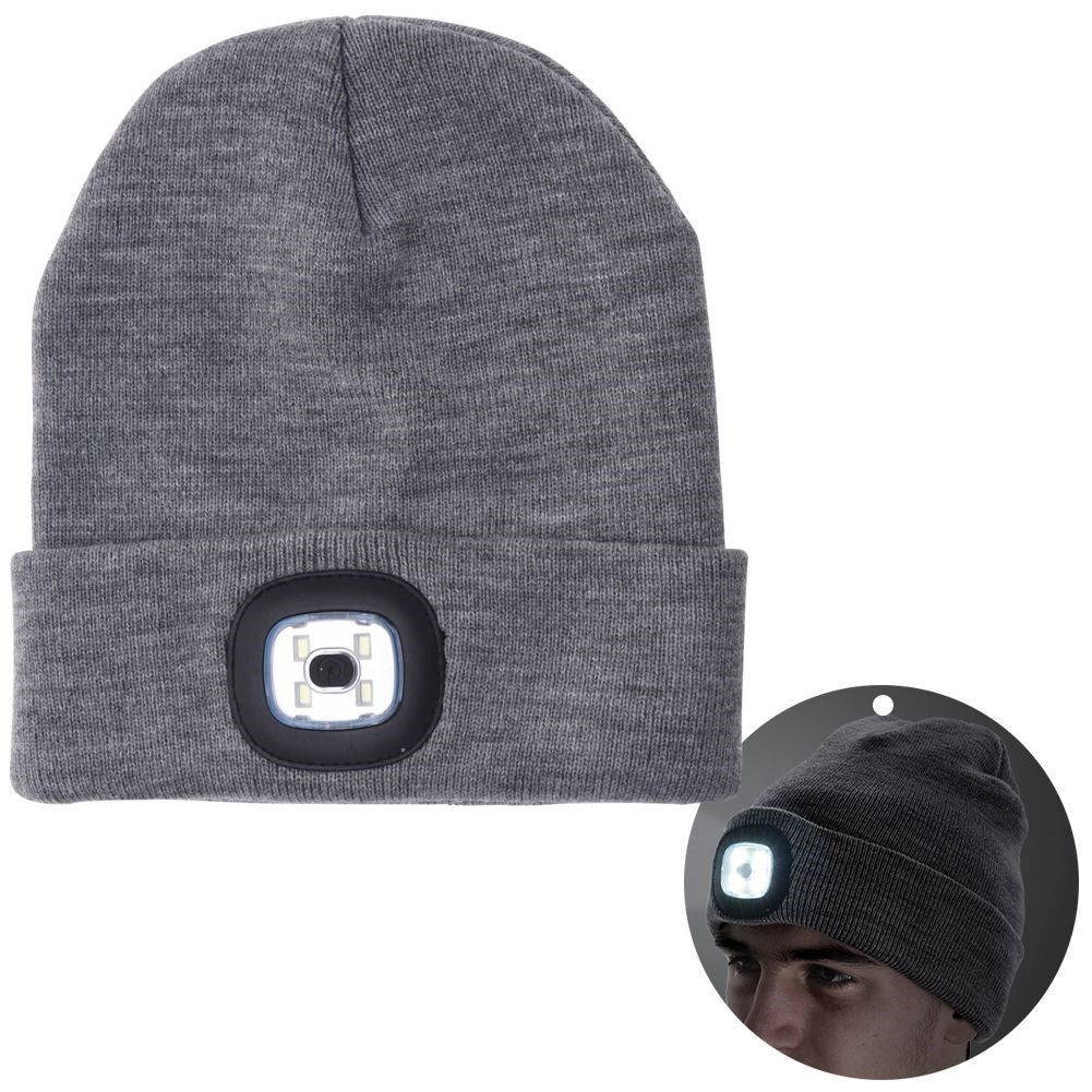 Gray knitted winter hat with LED light
